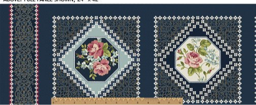 Fabric panel with floral designs in hexagonal and diamond shapes on a dark blue background.