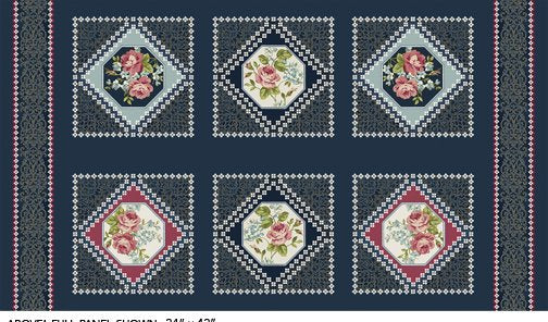 Fabric panel with floral designs in hexagonal and diamond shapes on a dark blue background.