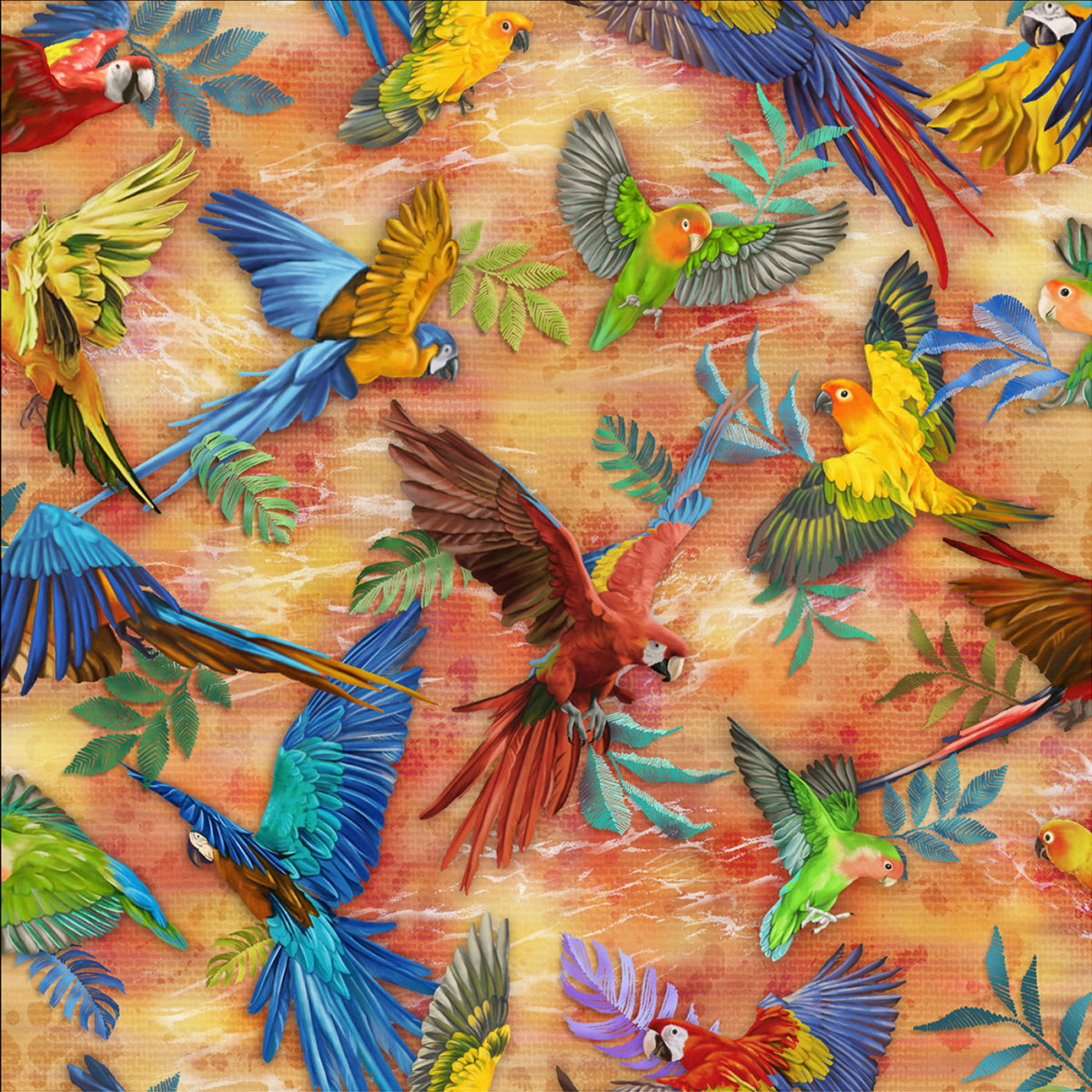 Parrot Isle - Tossed Parrots Gold - 597241 - Oasis Fabrics – Blissfully ...