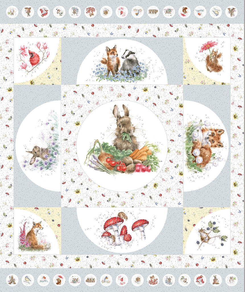 Bramble Patch Gray Yellow Bunny Panel by Hannah Dale for Maywood Studio D10100M-BS
