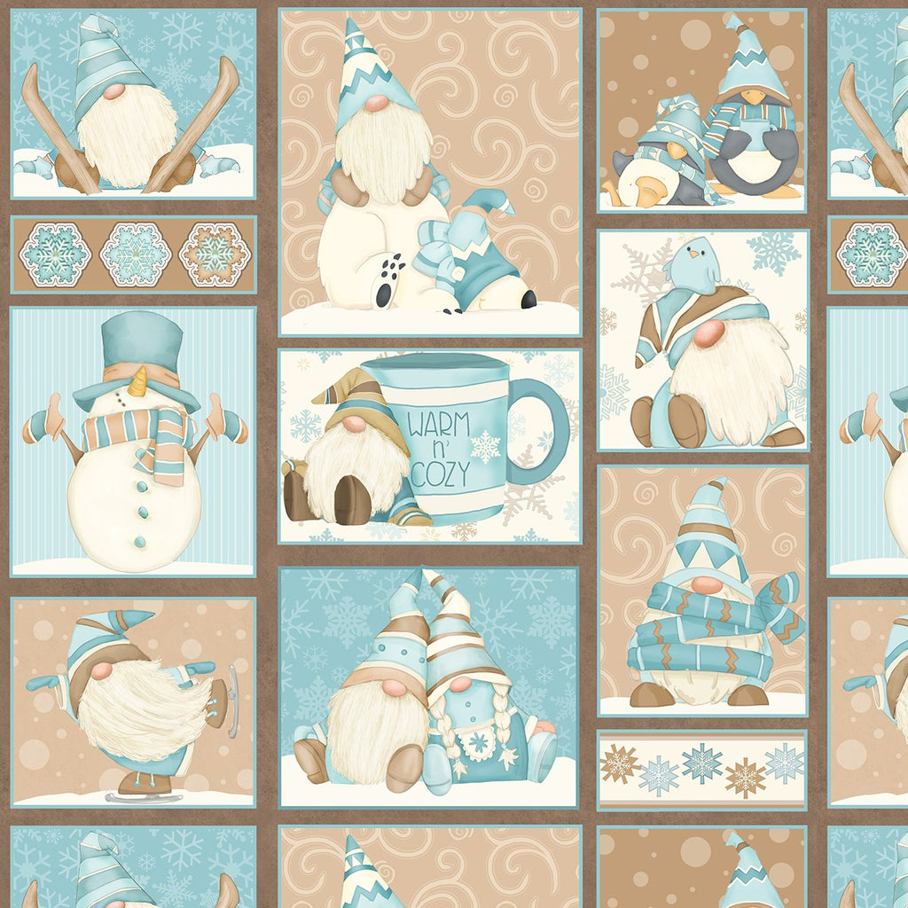 I Love Sn'Gnomies Flannel Aqua Gnome Patchwork by Shelly Comiskey for Henry Glass F9635-13