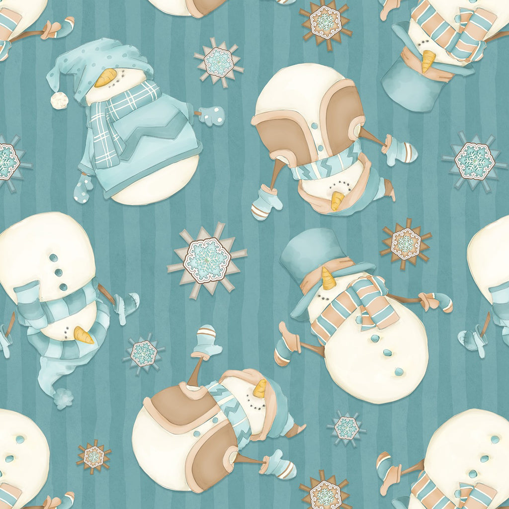 I love Sn'Gnomies Flannel Dark Aqua Tossed Snowmen by Shelly Comiskey for Henry GlassF9644-11 