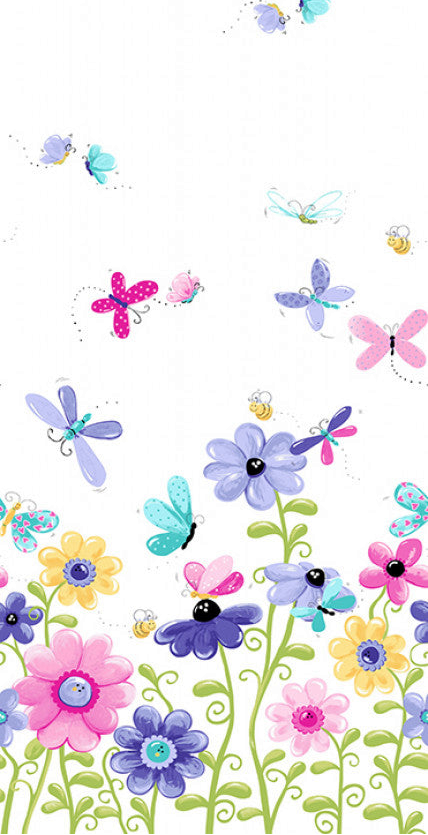 Colorful floral pattern with flowers and butterflies on a white background