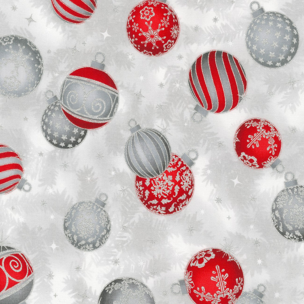 Holiday Flourish Ornaments Red Silver Christmas w/Metallic by Robert Kaufman SRKM19921186