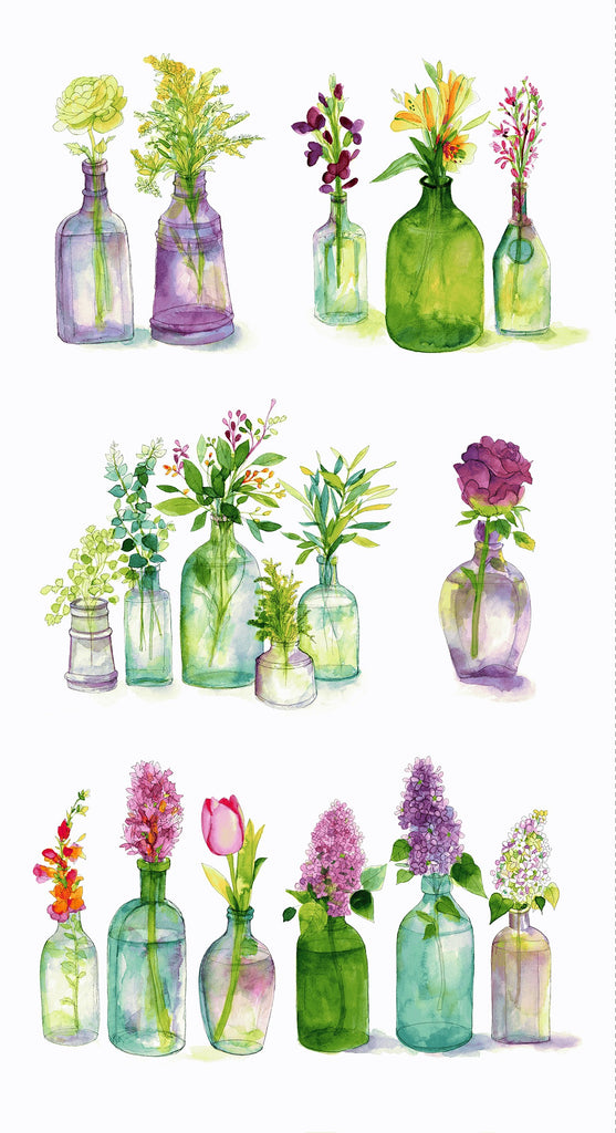 Radiance White Flower Bottles Panel by Sue Zipkin for Clothworks Y2933-1