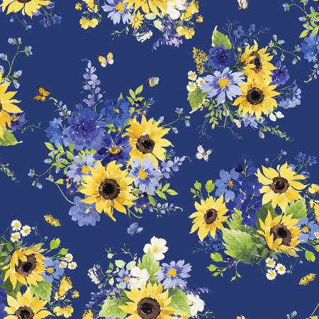 Sunflower Bouquets Tossed Bouquets Dark Blue by Clothworks